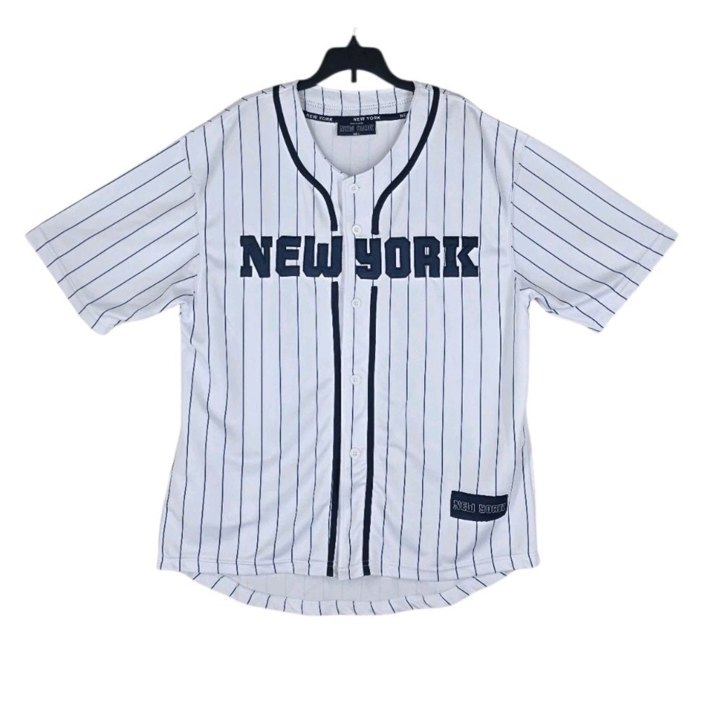 New York Yankees Jersey Shirt Mens L Blue White Striped Sewn On Logo SS